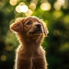 Obraz premium Adorable golden retriever puppy gazing upward in a sunlit garden with a bokeh background showcasing nature's beauty and innocence