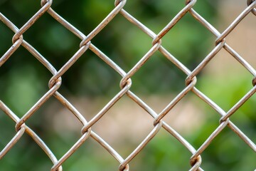 Fototapeta premium Rustic Chain Link Fence with Faded Gray Metal Wires in Diamond Pattern Against Natural Green Backdrop