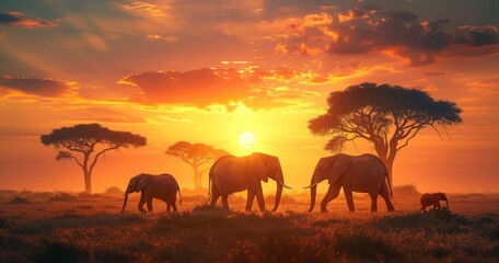 Obraz premium Elephants Silhouettes at Sunset