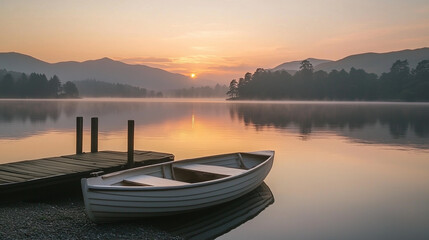 Tranquil sunrise over a calm lake, evoking peace and serenity.
