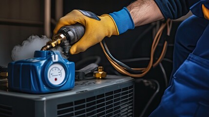 A mechanic using a vacuum pump to remove moisture from an AC system.