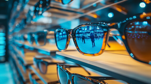 Stylish Sunglasses Displayed On A Shelf With Reflections In A Trendy Store Featuring Modern