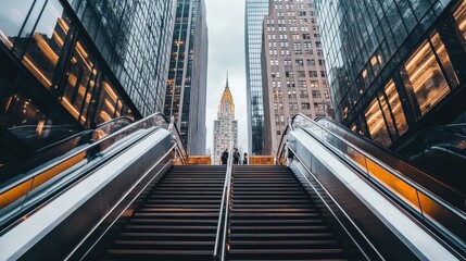 Urban Scene Showing Escalator Leading to Iconic Skyscraper in Manhattan with Dramatic Cloudy Sky Above