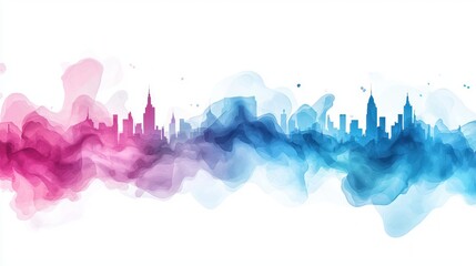 Watercolor skyline illustration with vibrant pink and blue hues creating a modern urban cityscape design on a white background