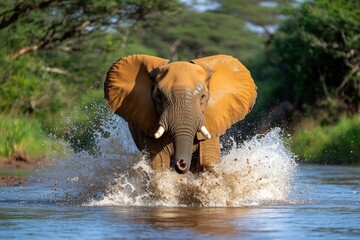 Majestic african elephant charging through river water with powerful splash in kenya wildlife park front view wildlife photography