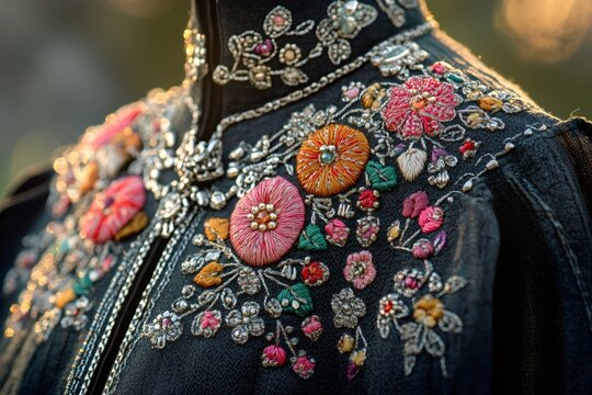 Traditional norwegian bunad bodice richly decorated with colorful embroidery and silver details shining in the sunlight