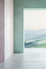 Modern, pastel-toned interior room opening to rural landscape view
