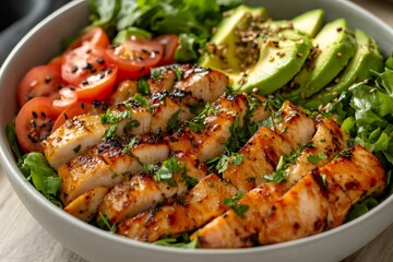 Grilled chicken salad with avocado, tomatoes, lettuce and sesame seeds dressing