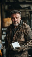 Portrait of a Grizzled Older Man in a Dirty Brown Jacket Holding a Book
