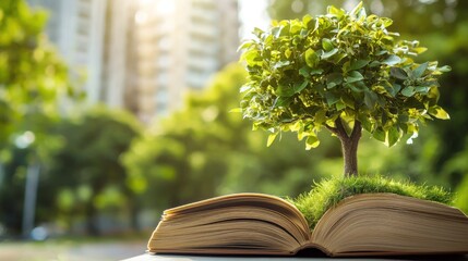 Green Tree Grows from Open Book in Urban Nature Setting