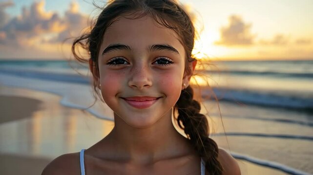 Young girl smiling on the beach at sunset with waves gently lapping at her feet