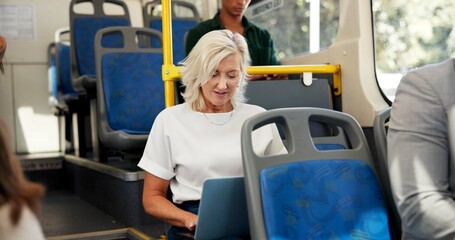 Laptop, bus and woman in city, travel and commute with passengers, internet and adventure. People, public transportation and lady with computer, network and connection with urban journey and pc