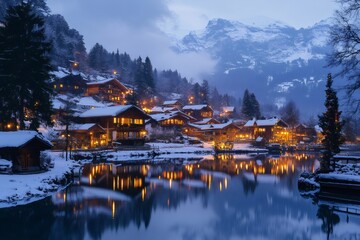 Fototapeta premium Cozy wooden chalets reflecting on a lake at blue hour in a snowy Swiss mountain village