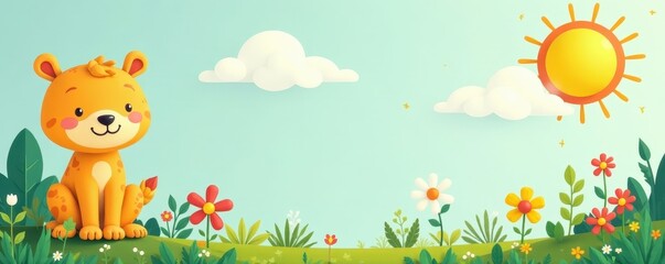 Cheerful animal & sun cartoon pattern Light background , design, sun, textile