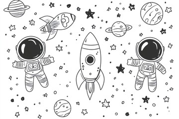Two astronauts floating in space with rockets and planets, hand drawn illustration
