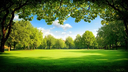 Lush Green Summer Park Landscape Under Blue Sky