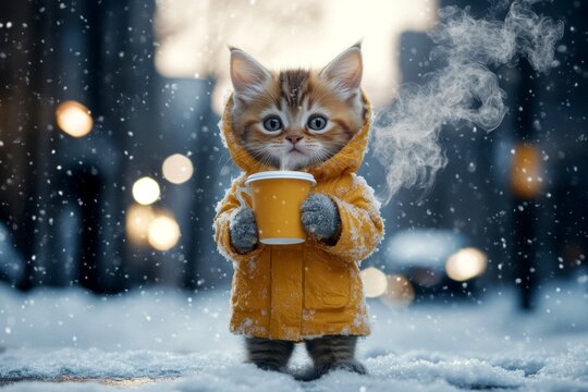 Sad cute baby cat manx in winter warm clothes, holding hot coffee with rising steam in paws. Problem of endangered animals. Social ad - animal care. Pet winter protection. Cat warm liner.