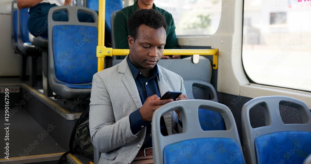 Poster bus, people and man with cellphone, travel and communication with email. public transport, mobile us