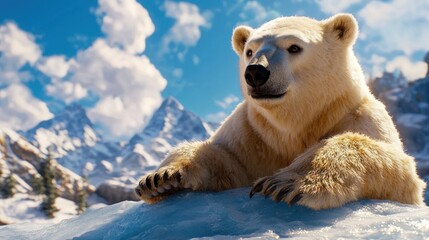Fototapeta premium Majestic polar bear resting on icy terrain with snowy mountains and cloudy blue sky in the background, creating a serene arctic scene