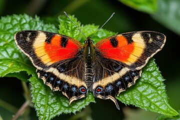 Obraz premium Vivid european peacock butterfly resting on lush green leaf showcasing intricate wing patterns in natural light