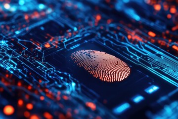 A cybersecurity banner showing an encrypted system with digital fingerprint authentication.