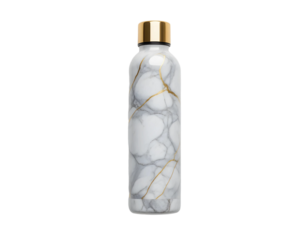 White cosmetic bottle with gold label on a transparent background