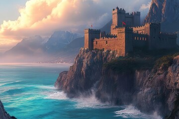 Fototapeta premium medieval fortress perches atop a rugged cliff, its stone walls glowing gold at dusk, framed by turquoise waves and misty mountains beyond.