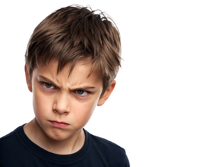 Young boy with furious expression yelling and clenching fists in anger, wearing grey t-shirt, isolated on transparent background, png