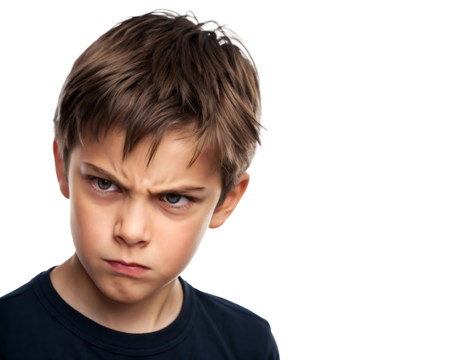 Young boy with furious expression yelling and clenching fists in anger, wearing grey t-shirt, isolated on transparent background, png