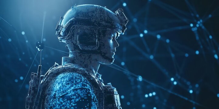 Digital soldier rendered in circuit patterns against abstract network background