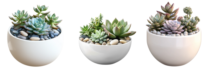 Set of a white ceramic pot with succulents and small pebbles inside, isolated on transparent background.