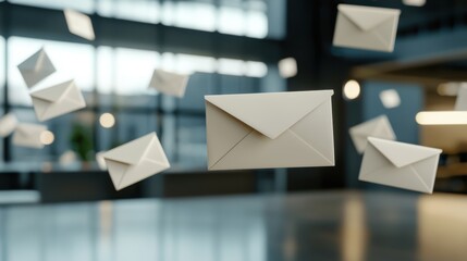 Flying envelopes symbolize digital communication in a modern office.