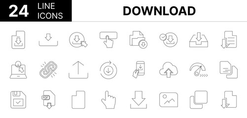 Collection of 24 download line icons featuring editable strokes. These outline icons depict various modes of download, icon, arrow, app, vector, buttons, document, file, symbol, web, pictogram, flat,
