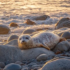 Fototapeta premium Serene harbor seal basking on rocky beach at sunset with gentle waves and warm golden light creating a peaceful coastal scene