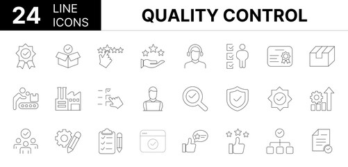 Collection of 24 Quality control line icons featuring editable strokes. These outline icons depict various modes of Quality control, icon, inspect, explore, line, business, checklist, 