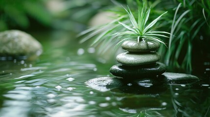Naklejka premium Serene zen garden with stacked stones and vibrant green foliage reflecting in tranquil water creating a peaceful and meditative atmosphere