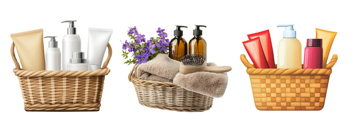 Set of a An elegant basket with hair care products, isolated on transparent background.