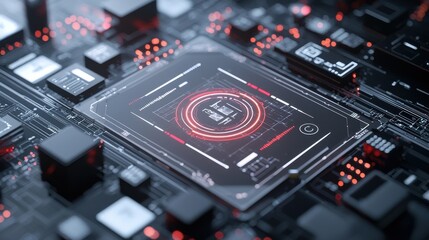 Obraz premium Futuristic circuit board with glowing digital elements, representing advanced technology and innovation.