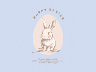 Fototapeta premium Happy Easter greeting card, poster, cover, web or social media banner. Art design with modern typography, hand drawn Easter bunny and egg in pastel colors with trendy warming brown shades.