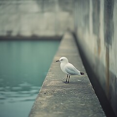 Seagull on wall by water, urban background