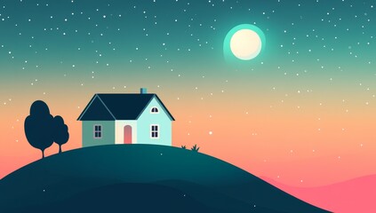 Fototapeta premium Peaceful hillside house at night