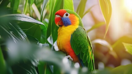 Fototapeta premium Vibrant parrot perched amidst lush foliage in a tropical paradise sunlit scene nature photography