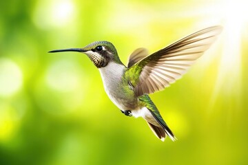 Naklejka premium Hummingbird in flight against a vibrant green background with a bright sunbeam shining through leaves