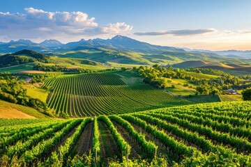 Fototapeta premium Serene vineyard vistas with distant mountains creating a picturesque rural scenery at sunset landscape