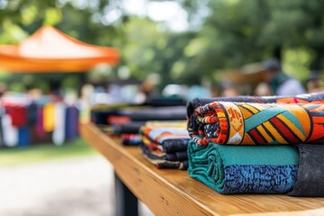 Vivid Artisan Towels on Wooden Display at an Outdoor Market Vibrant Colors and Texture Craft Fair Goods