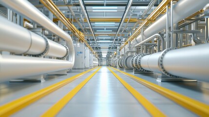 Fototapeta premium Futuristic industrial interior with metal pipes, vibrant yellow lines, and high-tech architecture in modern factory.