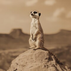 Fototapeta premium Alert meerkat stands tall on sandy mound in sepia tones watchful gaze desert landscape animal portrait