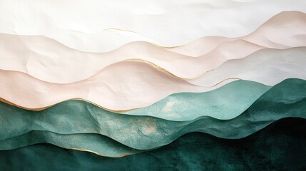 Obraz premium Abstract Artistic Waves in Soft Pastel and Green Tones with Gold Accents for Modern Interior Design and Creative Projects
