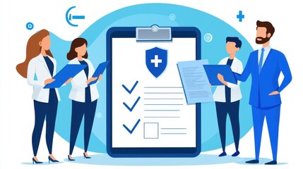 Social Security Benefits and Healthcare. Healthcare professionals discussing patient documents and checklists.