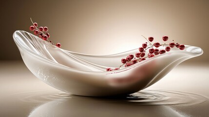 Elegant Glass Bowl with Red Currants on Reflective Surface Creates a Serene and Organic Still Life Composition